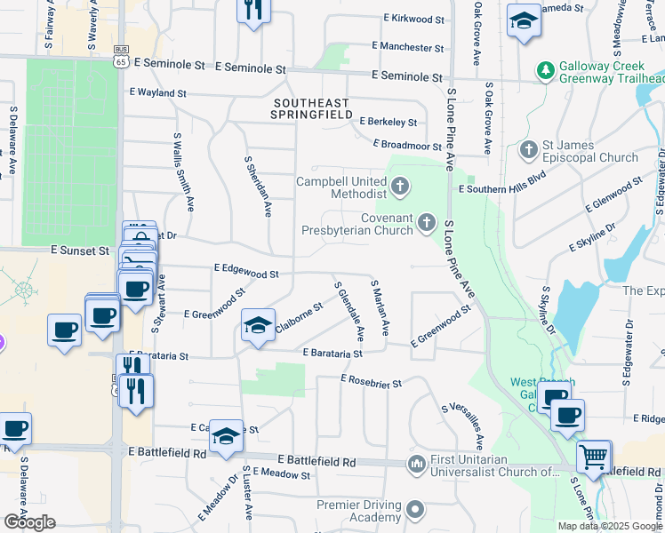 map of restaurants, bars, coffee shops, grocery stores, and more near 2249 East Edgewood Street in Springfield