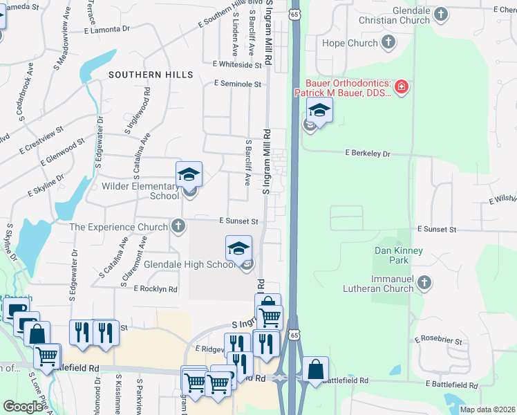 map of restaurants, bars, coffee shops, grocery stores, and more near 2545 South Ingram Mill Road in Springfield