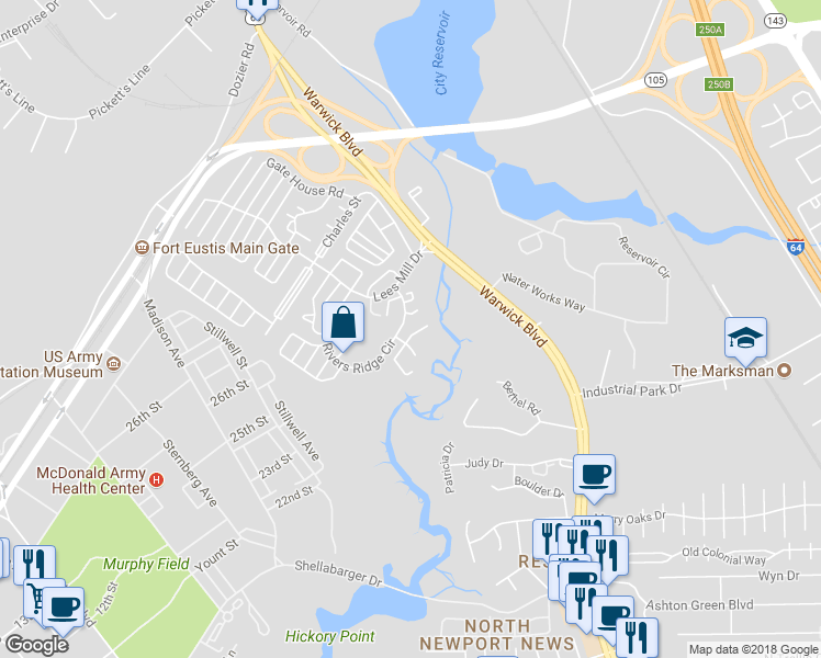 map of restaurants, bars, coffee shops, grocery stores, and more near 406 Rivers Ridge Circle in Newport News