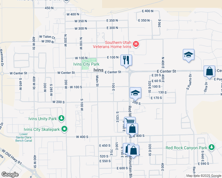 map of restaurants, bars, coffee shops, grocery stores, and more near 67 East 100 South in Ivins