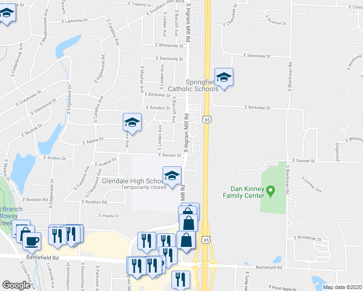 map of restaurants, bars, coffee shops, grocery stores, and more near 2527 South Ingram Mill Road in Springfield