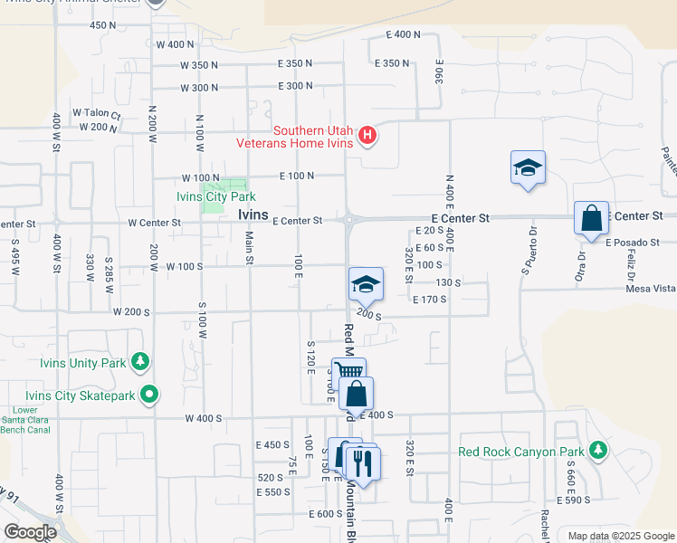 map of restaurants, bars, coffee shops, grocery stores, and more near 128 200 East in Ivins
