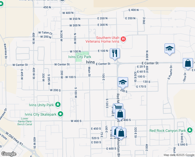 map of restaurants, bars, coffee shops, grocery stores, and more near 60 East 100 South in Ivins