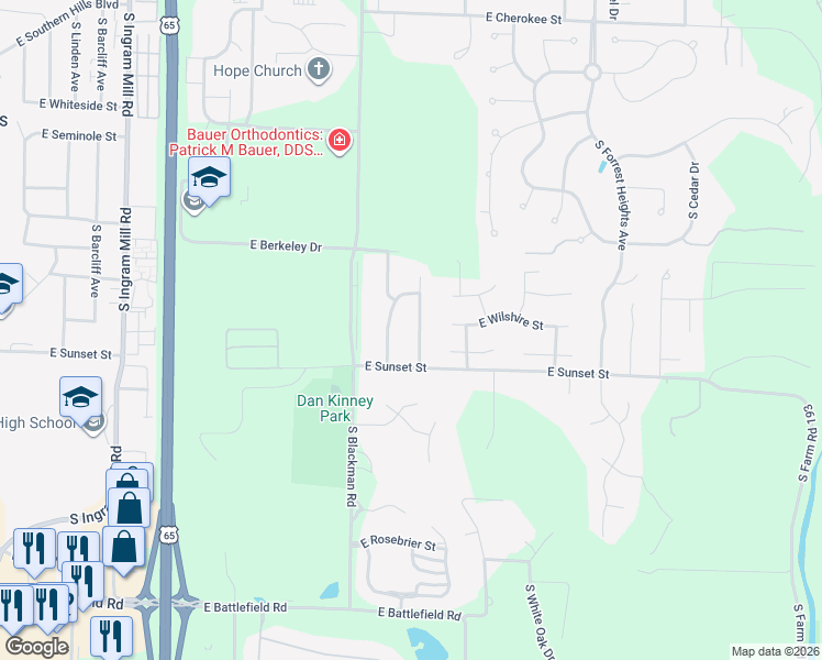 map of restaurants, bars, coffee shops, grocery stores, and more near 2516 South Brandon Avenue in Springfield