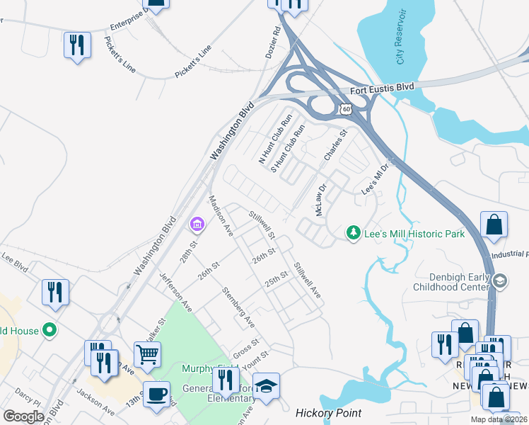 map of restaurants, bars, coffee shops, grocery stores, and more near 104 Gretna Way in Newport News