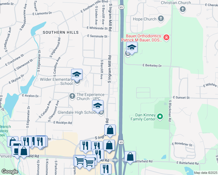 map of restaurants, bars, coffee shops, grocery stores, and more near 2527 South Ingram Mill Road in Springfield