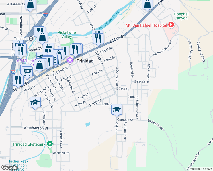 map of restaurants, bars, coffee shops, grocery stores, and more near East 6th Street in Trinidad