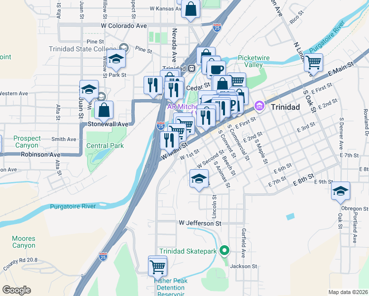map of restaurants, bars, coffee shops, grocery stores, and more near 457 West Main Street in Trinidad