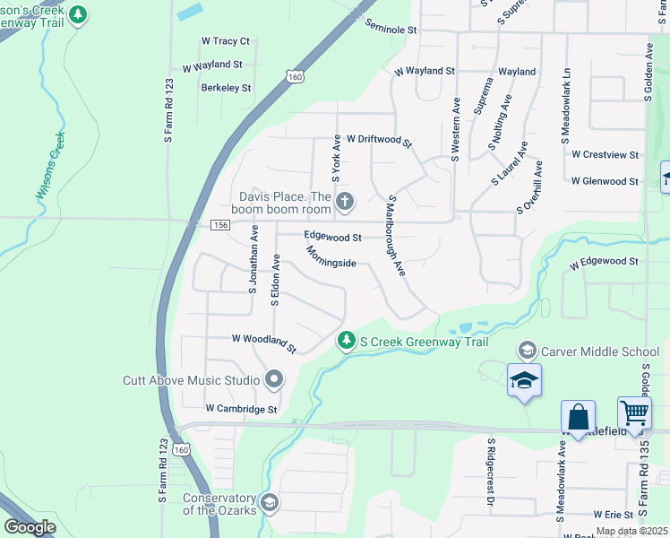 map of restaurants, bars, coffee shops, grocery stores, and more near 3772 Morningside in Springfield