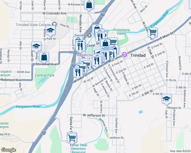 map of restaurants, bars, coffee shops, grocery stores, and more near 125 South Animas Street in Trinidad