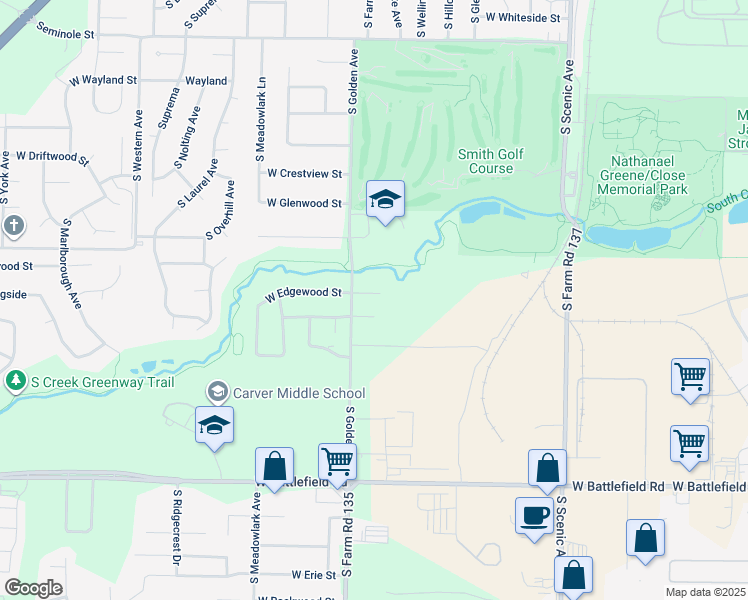 map of restaurants, bars, coffee shops, grocery stores, and more near 3045 West Edgewood Street in Springfield