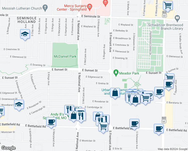 map of restaurants, bars, coffee shops, grocery stores, and more near 1279 East Edgewood Street in Springfield