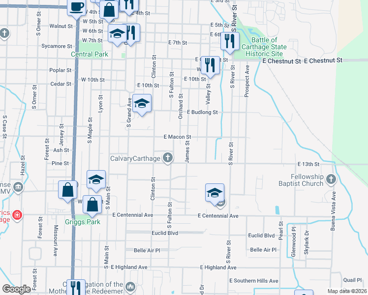 map of restaurants, bars, coffee shops, grocery stores, and more near 1219 James Street in Carthage