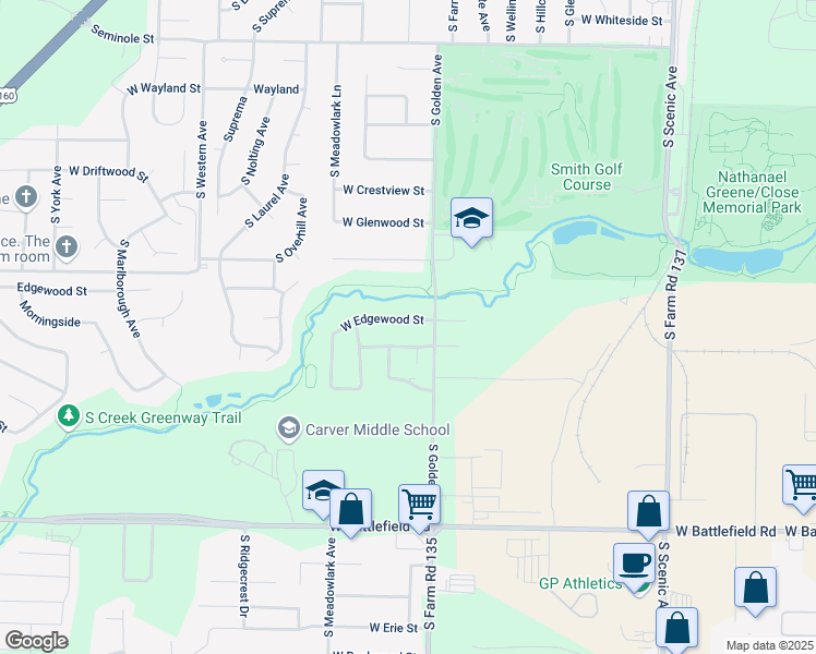 map of restaurants, bars, coffee shops, grocery stores, and more near 3135 West Edgewood Street in Springfield