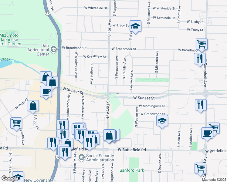 map of restaurants, bars, coffee shops, grocery stores, and more near 1223 West Sunset Street in Springfield