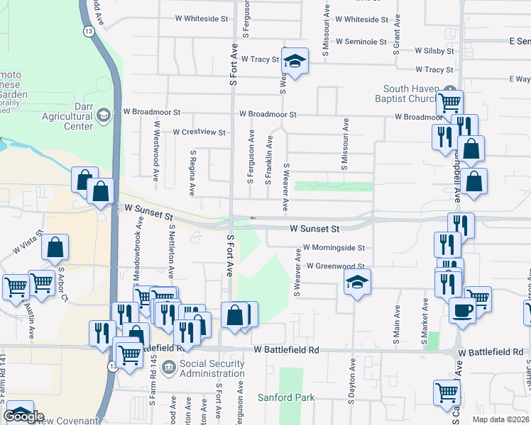 map of restaurants, bars, coffee shops, grocery stores, and more near 1136 West Edgewood Street in Springfield