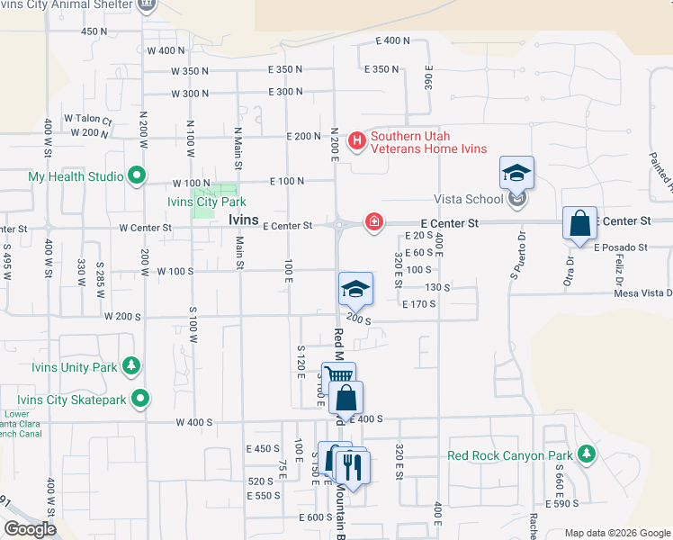 map of restaurants, bars, coffee shops, grocery stores, and more near 385 East 100 South in Ivins