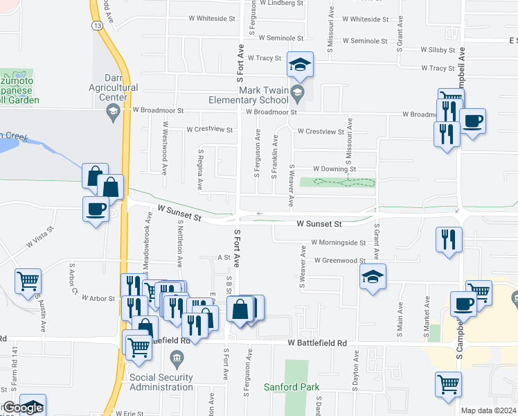 map of restaurants, bars, coffee shops, grocery stores, and more near 1207 West Sunset Street in Springfield