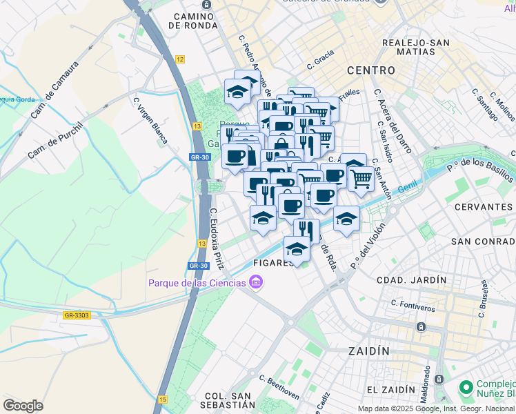 map of restaurants, bars, coffee shops, grocery stores, and more near 4 Calle Doctor Buenaventura Carreras in Granada