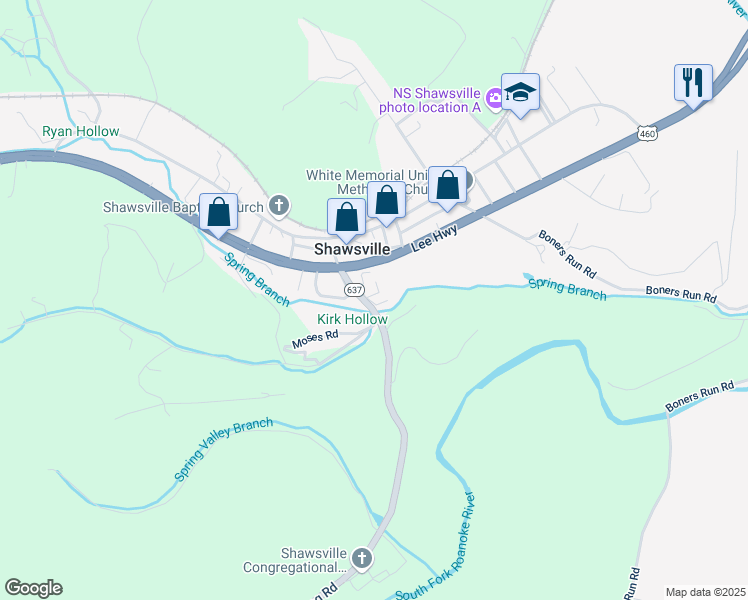 map of restaurants, bars, coffee shops, grocery stores, and more near 288 Alleghany Spring Road in Shawsville