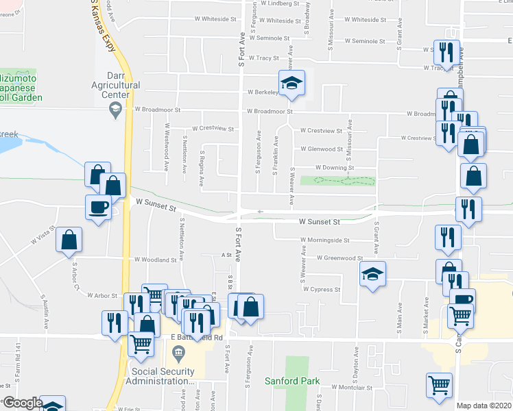 map of restaurants, bars, coffee shops, grocery stores, and more near 1136 West Edgewood Street in Springfield