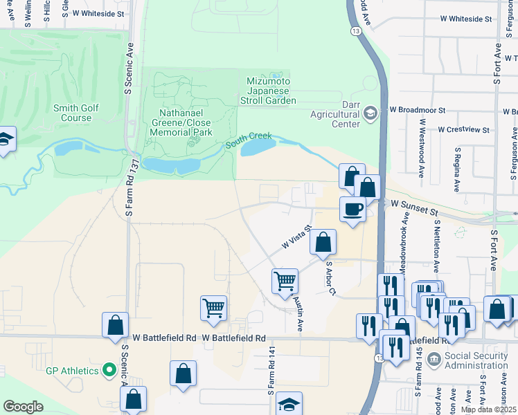 map of restaurants, bars, coffee shops, grocery stores, and more near 2255 West Sunset Street in Springfield