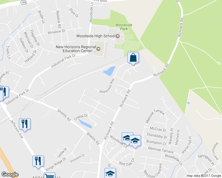 map of restaurants, bars, coffee shops, grocery stores, and more near 796 Wilderness Way in Newport News