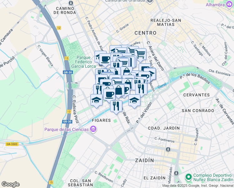 map of restaurants, bars, coffee shops, grocery stores, and more near 7 Calle Agustina de Aragón in Granada