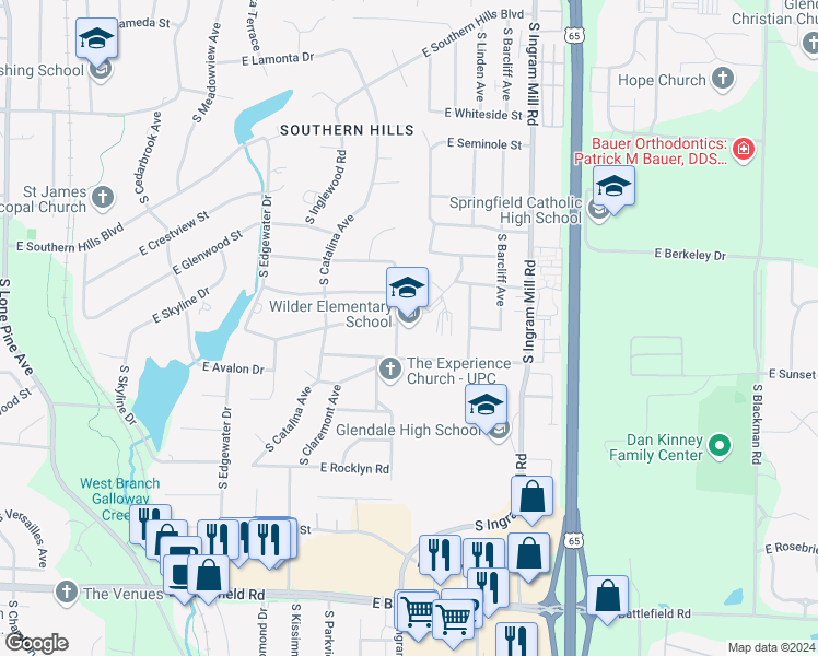 map of restaurants, bars, coffee shops, grocery stores, and more near 2526 South Hillsboro Avenue in Springfield