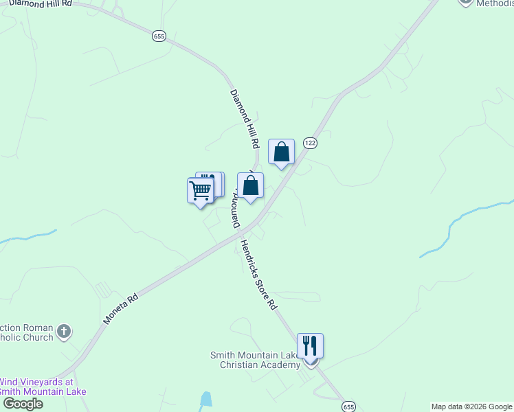 map of restaurants, bars, coffee shops, grocery stores, and more near 14559 Moneta Road in Moneta
