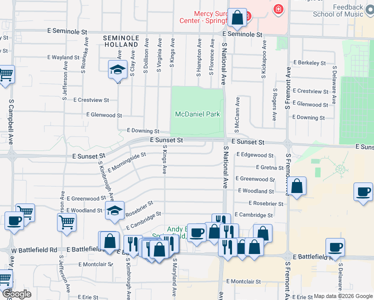 map of restaurants, bars, coffee shops, grocery stores, and more near 1051 East Morningside Street in Springfield