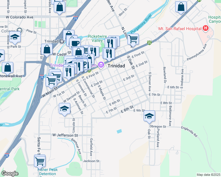 map of restaurants, bars, coffee shops, grocery stores, and more near 201-299 East 3rd Street in Trinidad