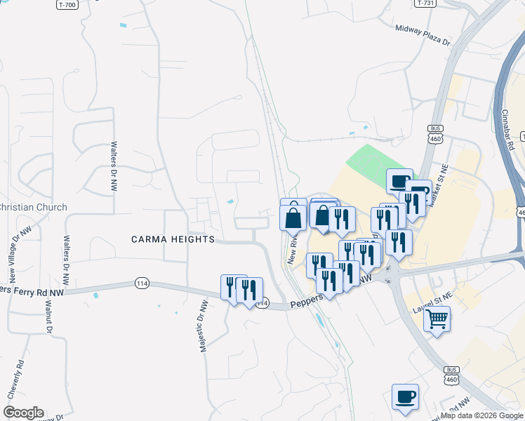 map of restaurants, bars, coffee shops, grocery stores, and more near 163 Patriot Way in Christiansburg