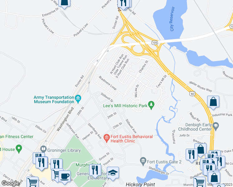 map of restaurants, bars, coffee shops, grocery stores, and more near 327 Bradmere Loop in Newport News