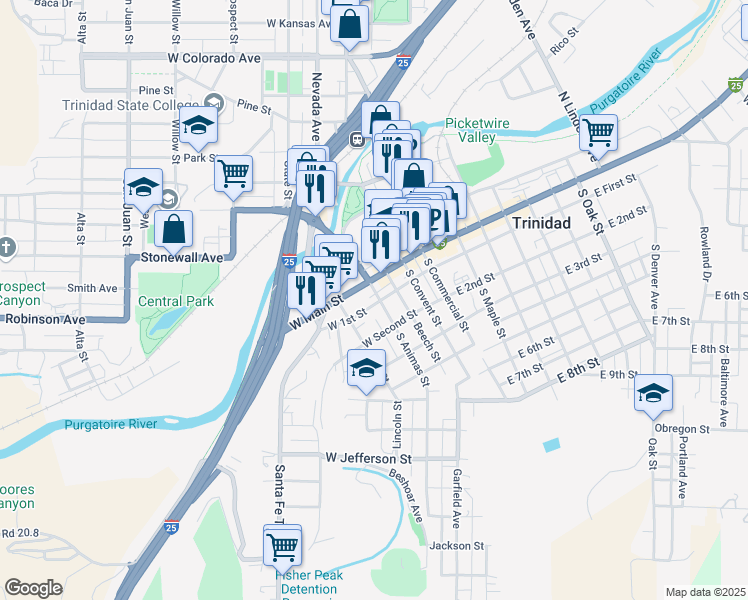 map of restaurants, bars, coffee shops, grocery stores, and more near 125 South Animas Street in Trinidad