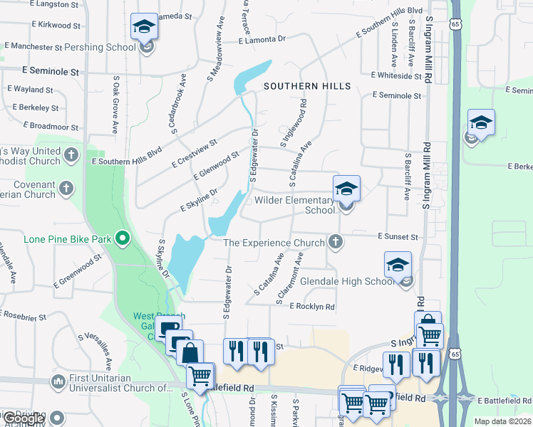 map of restaurants, bars, coffee shops, grocery stores, and more near 3003 East Alpine Drive in Springfield