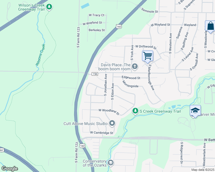 map of restaurants, bars, coffee shops, grocery stores, and more near 2639-2699 S Jonathan Ave in Springfield