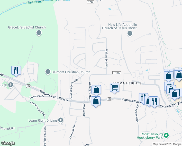 map of restaurants, bars, coffee shops, grocery stores, and more near 320 Walters Drive Northwest in Christiansburg