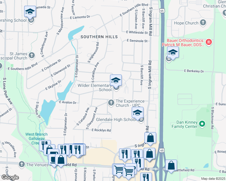 map of restaurants, bars, coffee shops, grocery stores, and more near 2526 South Hillsboro Avenue in Springfield