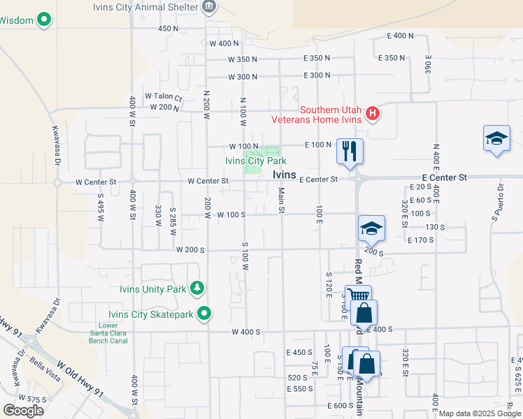map of restaurants, bars, coffee shops, grocery stores, and more near 40 West 100 South in Ivins