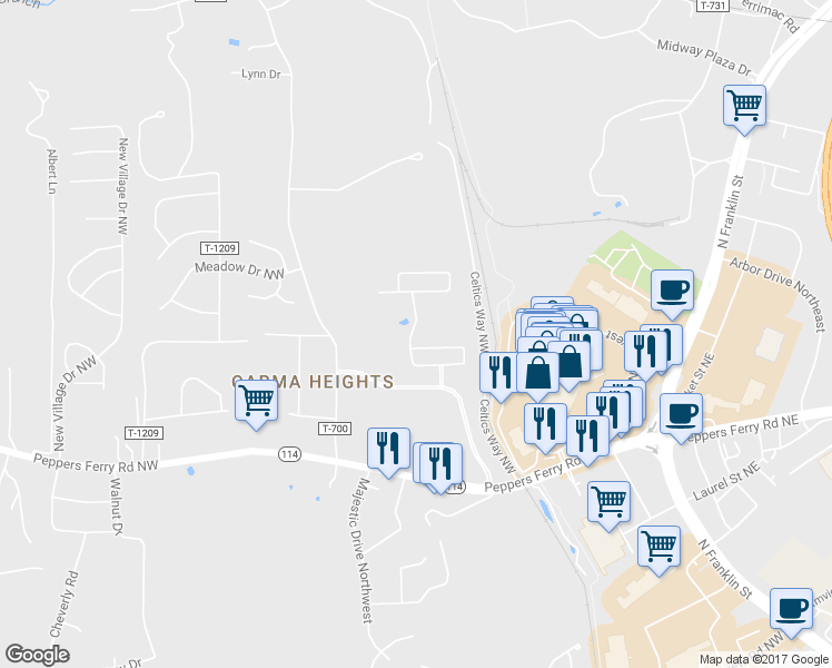 map of restaurants, bars, coffee shops, grocery stores, and more near 195 Patriot Way in Christiansburg