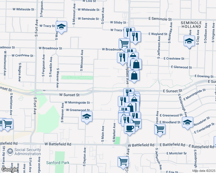 map of restaurants, bars, coffee shops, grocery stores, and more near 2655 South Campbell Avenue in Springfield