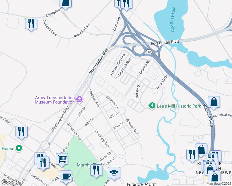 map of restaurants, bars, coffee shops, grocery stores, and more near 104 Gretna Way in Newport News
