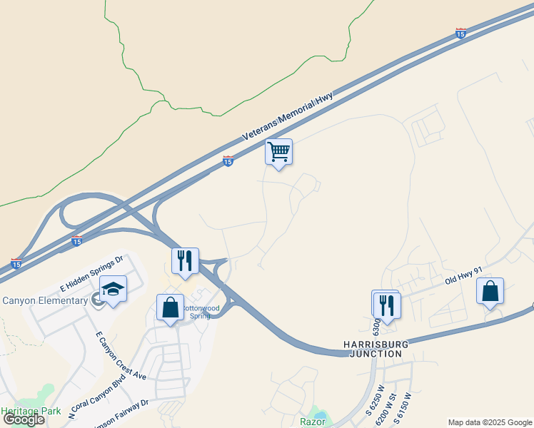 map of restaurants, bars, coffee shops, grocery stores, and more near Foothills Canyon Drive in Hurricane