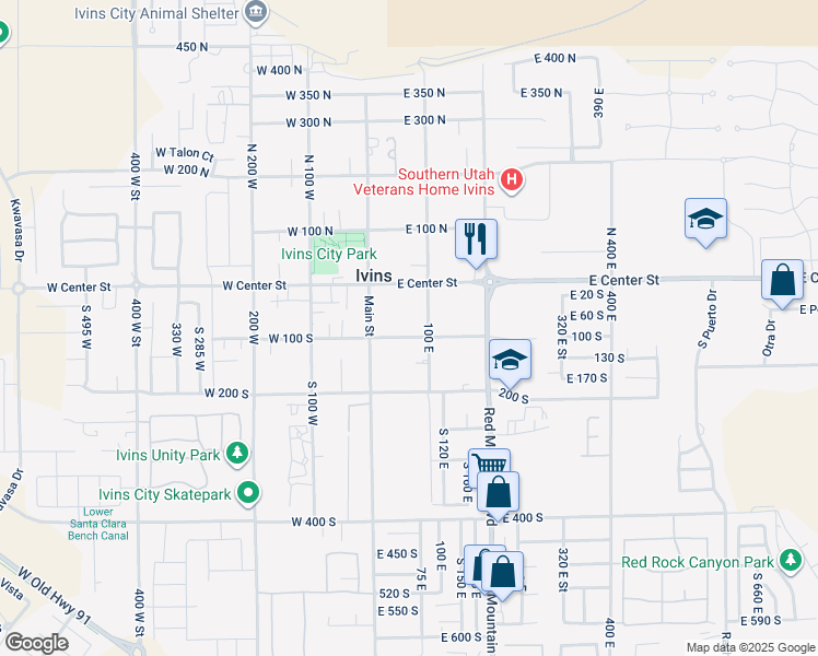 map of restaurants, bars, coffee shops, grocery stores, and more near 67 East 100 South in Ivins