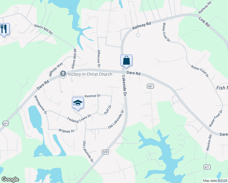 map of restaurants, bars, coffee shops, grocery stores, and more near 128 Duff Drive in Yorktown