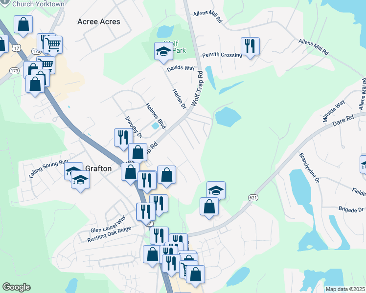 map of restaurants, bars, coffee shops, grocery stores, and more near 113 Hudgins Farm Drive in Yorktown