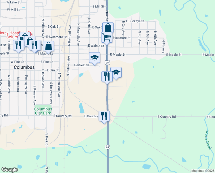 map of restaurants, bars, coffee shops, grocery stores, and more near North Highway 69 in Columbus