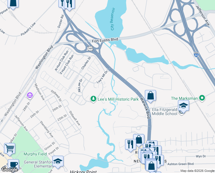 map of restaurants, bars, coffee shops, grocery stores, and more near 446 Rivers Ridge Circle in Newport News