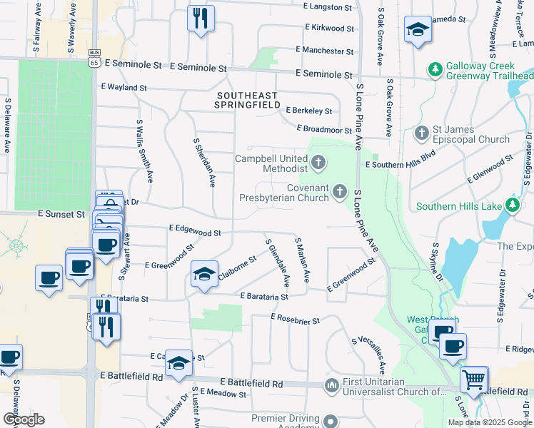 map of restaurants, bars, coffee shops, grocery stores, and more near 2250 East Sunset Street in Springfield